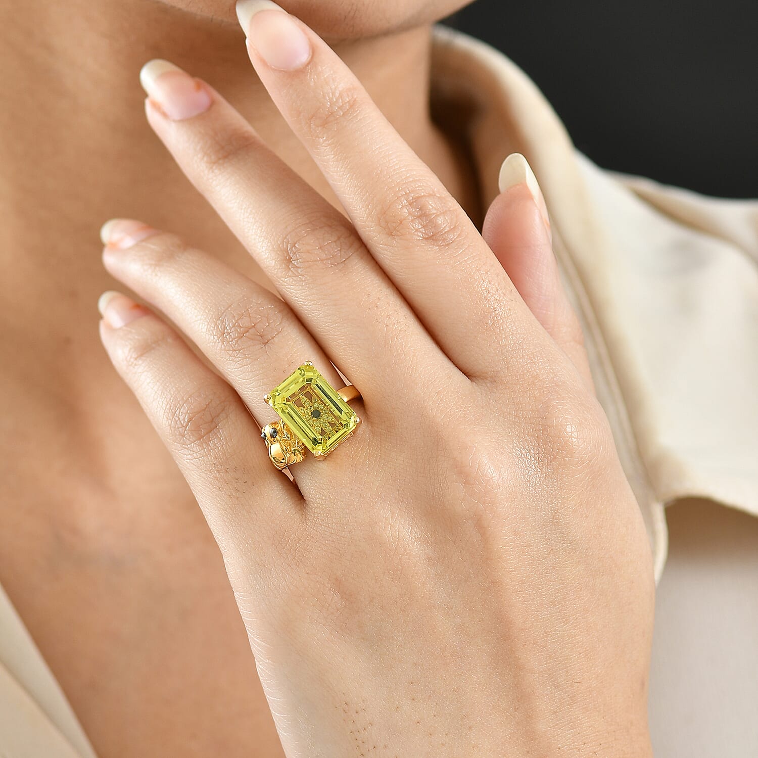 GP - Italian Garden Collection - Green Gold Quartz, Blue Sapphire &amp; White Zircon Living Creature Ring in 18K Vermeil Yellow Gold Plated Sterling Silver 8.39 Ct. 8348417 4