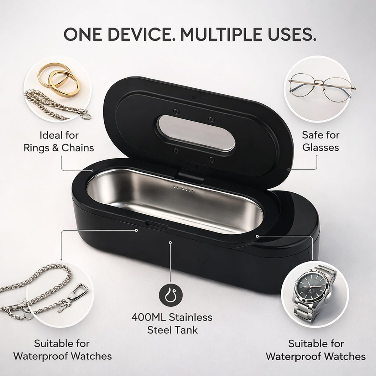 SC-200 Ultrasonic Jewellery Cleaner - 48kHz Professional Sonic Cleaner for Glasses &amp; Watches with 50ml Solution &amp; Dual Timers  (400mL) V32707015 3