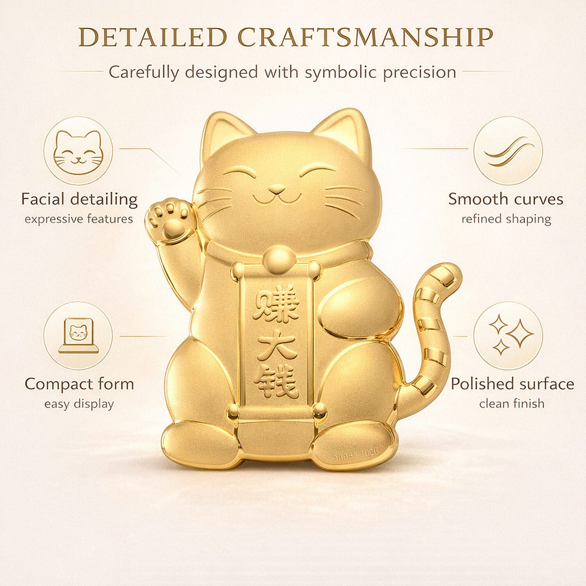 24K Yellow Gold  (99.9% Purity) Maneki Neko Lucky Cat Embossed Collectable 8356069 3