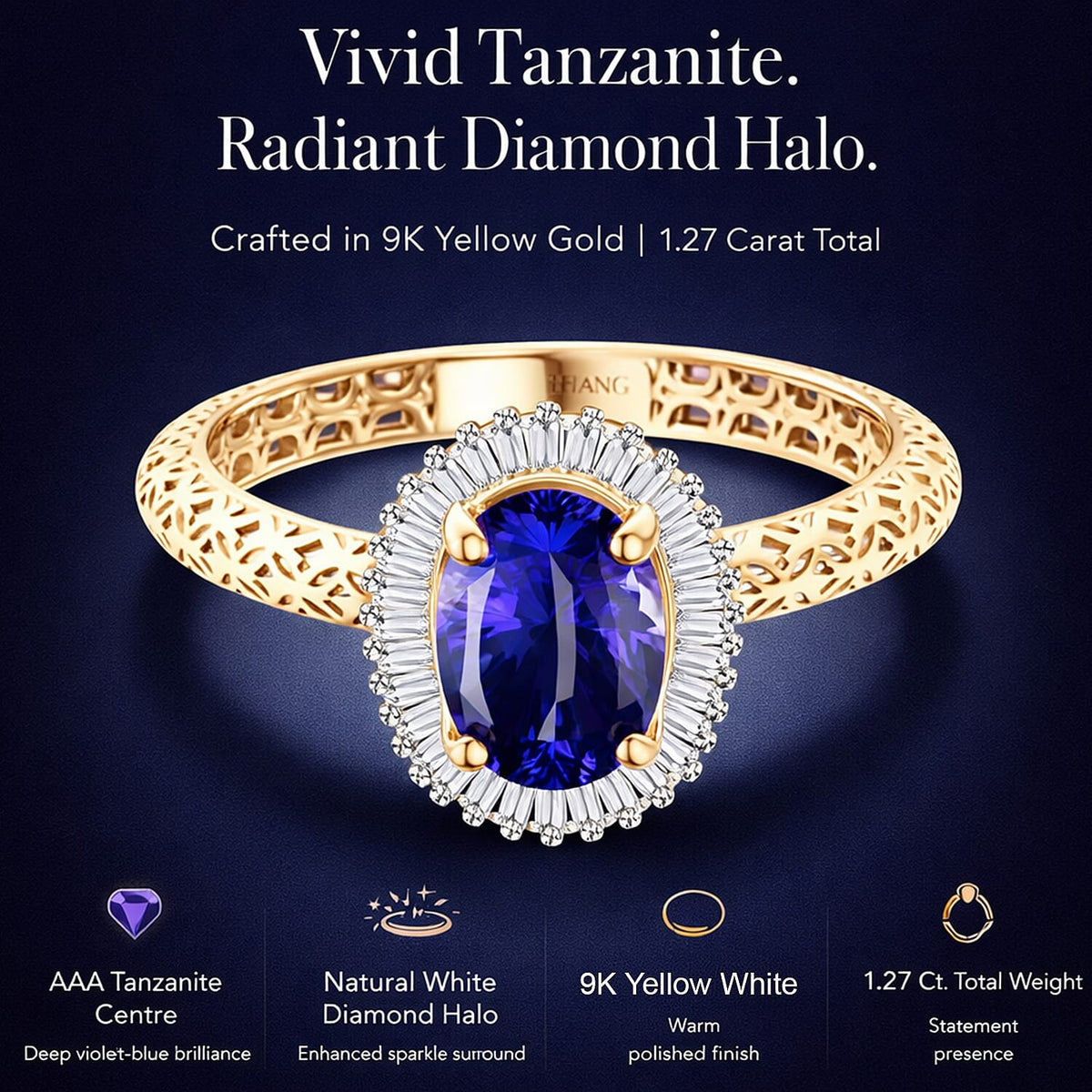 Mirage Collection - 9K Yellow Gold AAA Tanzanite &amp; Natural White Diamond Halo Ring 1.27 Ct 8358300 6