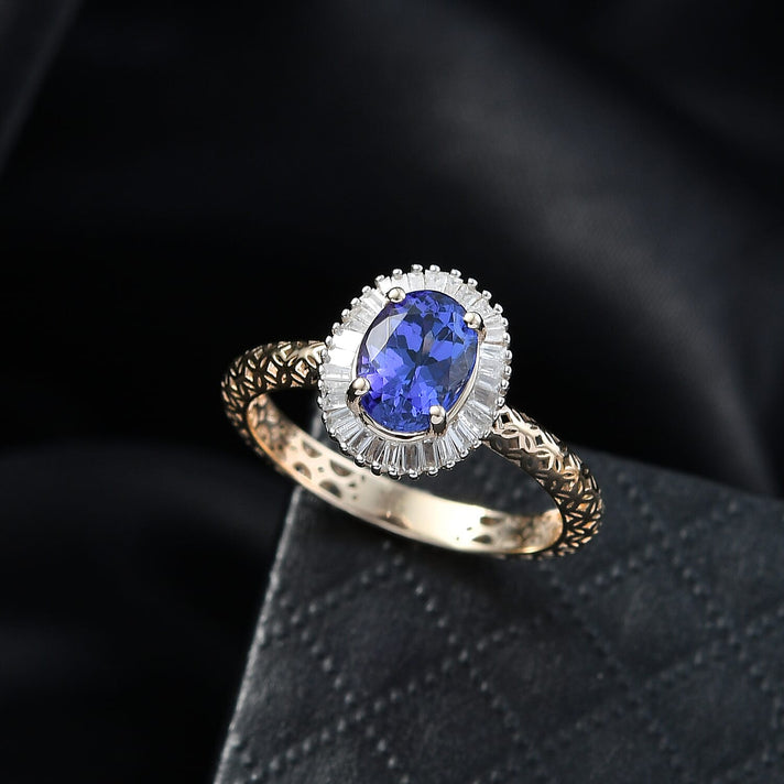 Mirage Collection - 9K Yellow Gold AAA Tanzanite &amp; Natural White Diamond Halo Ring 1.27 Ct 8358303 2