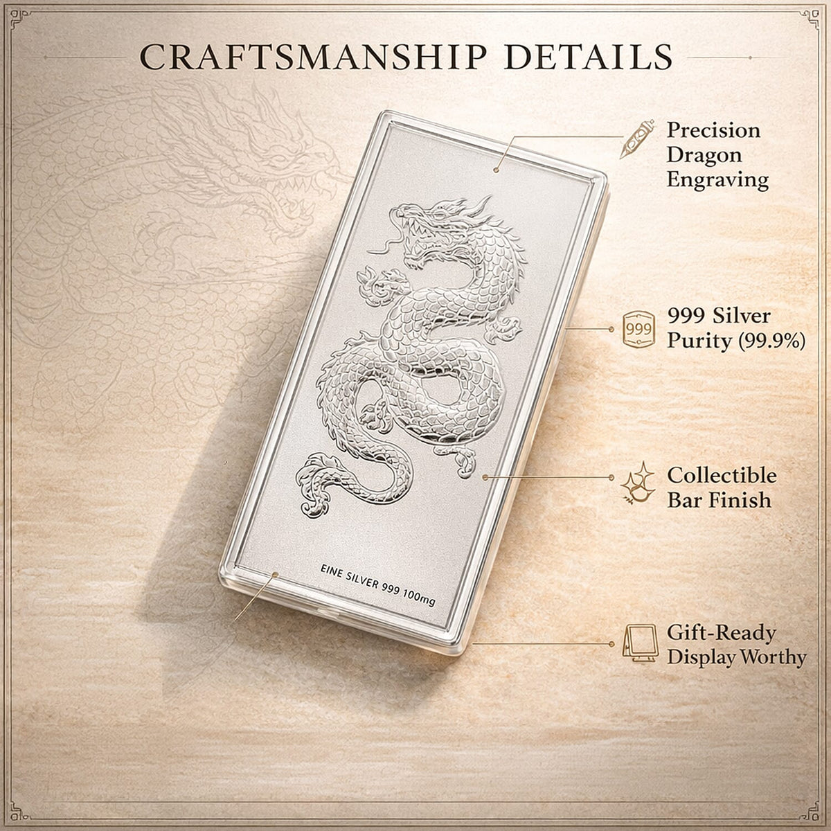 999 Pure Silver (99.9% Purity) Dragon Collectible V32512432 2