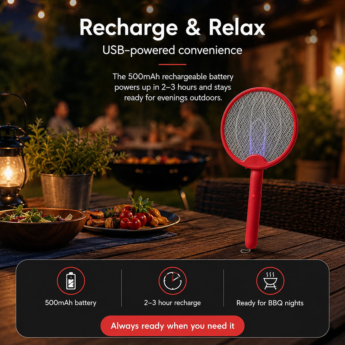 3-in-1 Folding Electric Mosquito Swatter - USB Rechargeable 500mAh, 2-3 Hour Battery (45 X 23 CM) - Red V32517917 5