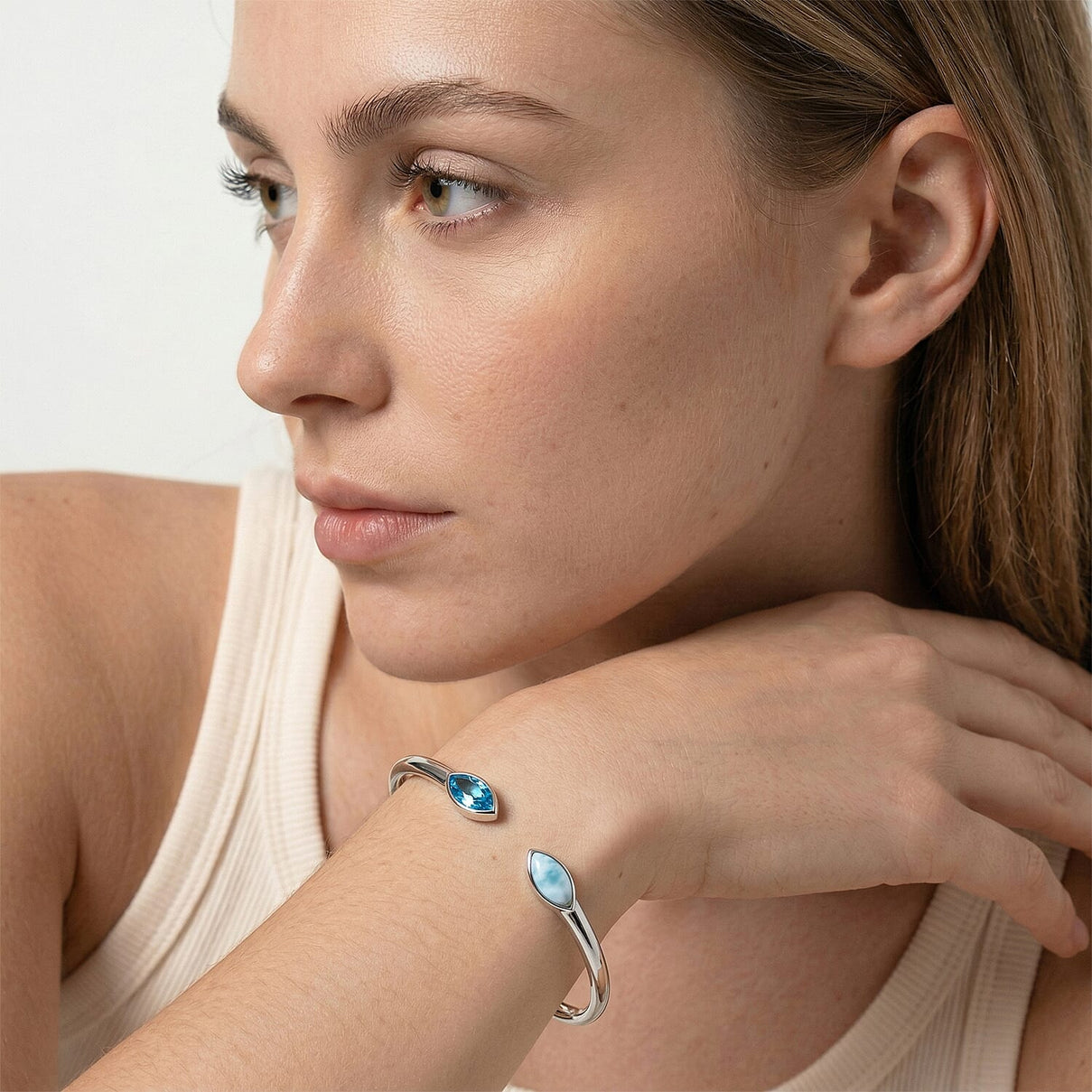 Sajen Silver Larimar, Celestial Swiss Blue Mystic Quartz Bangle (Size 7) in Rhodium Overlay Sterling Silver 8366219 2