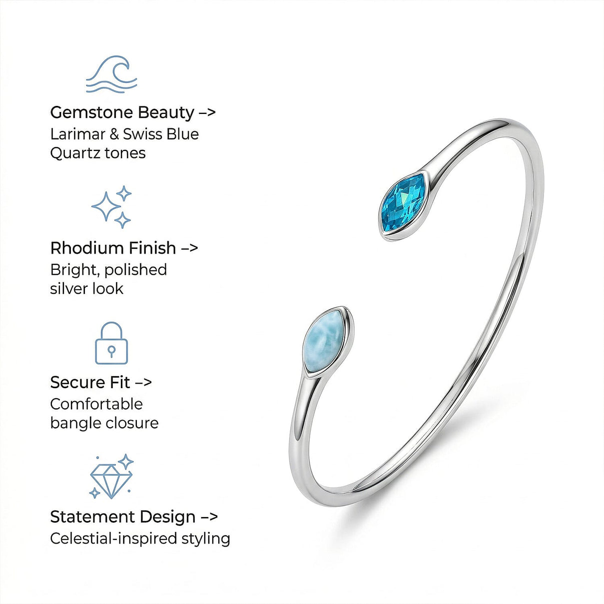 Sajen Silver Larimar, Celestial Swiss Blue Mystic Quartz Bangle (Size 7) in Rhodium Overlay Sterling Silver 8366219 4