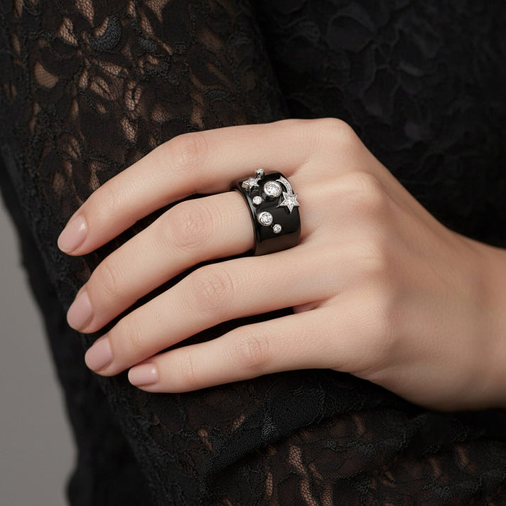 D'Joy Moissanite, Black Jade Band Celestial Ring in Rhodium Overlay Sterling Silver 25.33 Ct. 8375066 2