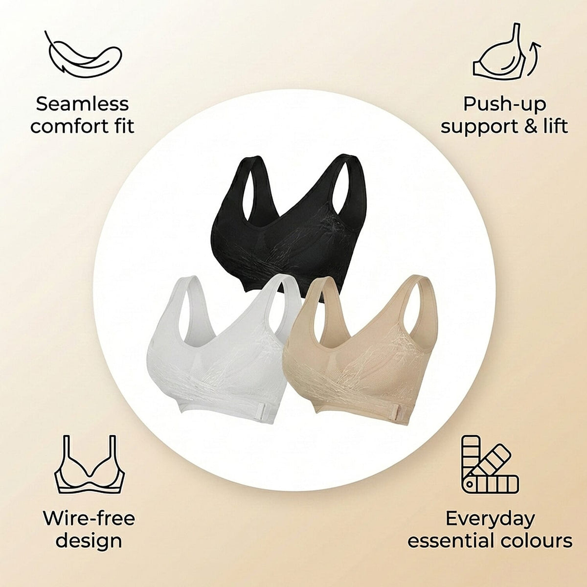 THE VALUE CLOSEOUT BUY - Set of 3 Comfortisse Support Push Up Bra (Size 36-38) - Black, Nude &amp; White 8375470 1