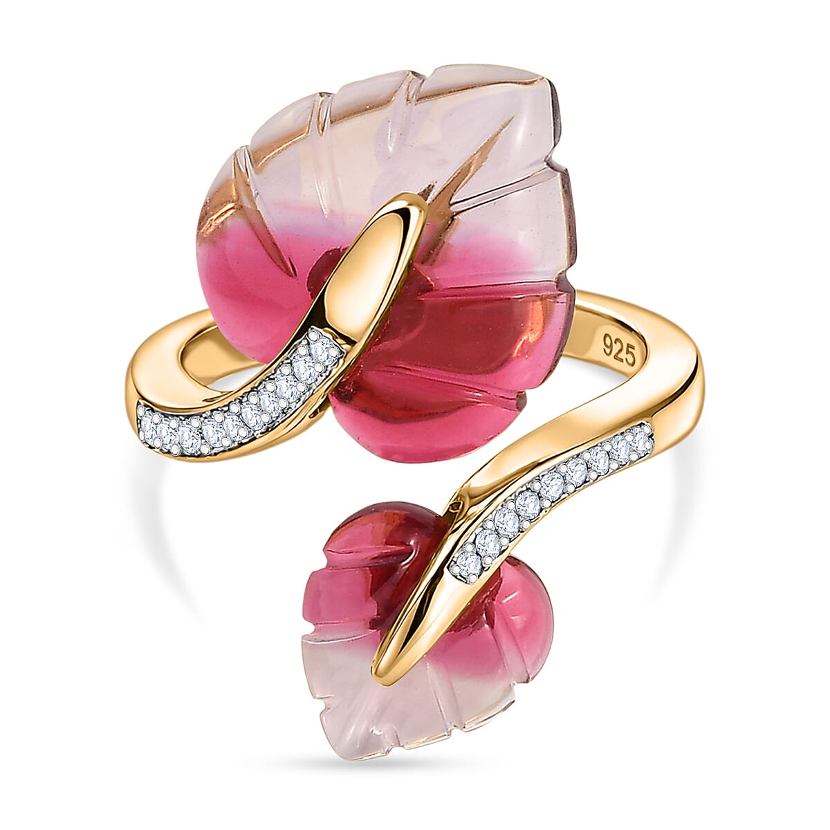 GP Pink Bi Colour Genuine Murano, White Zircon &amp; Blue Sapphire Leaf Ring in 18K Vermeil Yellow Gold Plated Sterling Silver 8375815 0