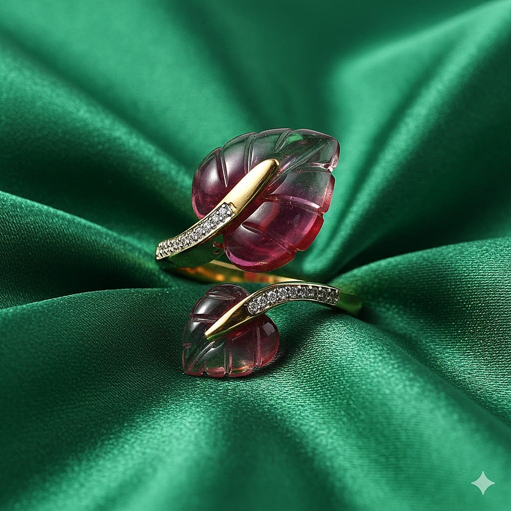 GP Pink Bi Colour Genuine Murano, White Zircon &amp; Blue Sapphire Leaf Ring in 18K Vermeil Yellow Gold Plated Sterling Silver 8375815 2