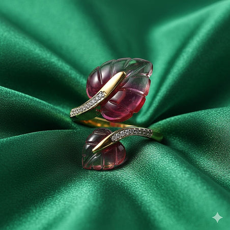 GP Pink Bi Colour Genuine Murano, White Zircon &amp; Blue Sapphire Leaf Ring in 18K Vermeil Yellow Gold Plated Sterling Silver 8375815 2