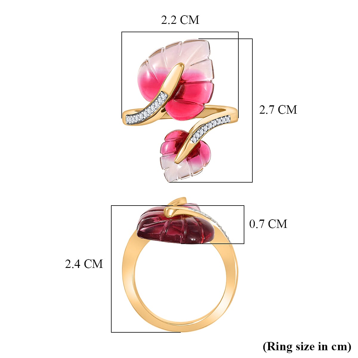 GP Pink Bi Colour Genuine Murano, White Zircon &amp; Blue Sapphire Leaf Ring in 18K Vermeil Yellow Gold Plated Sterling Silver 8375815 7