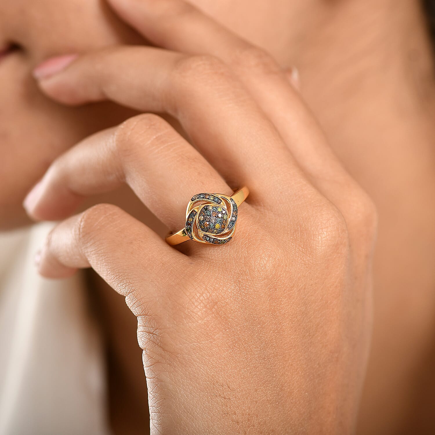 GP Family Legacy Italy - Natural Earth Mined Champagne Diamond, Green, Yellow, Red &amp; Blue Diamond With Kanchanaburi Blue Sapphire Ring in 18K Gold Vermeil Sterling Silver 8377512 3