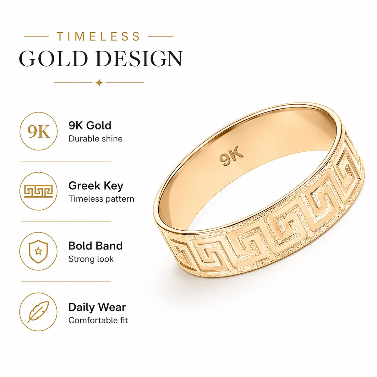 9K Yellow Gold Greek Key Ring 8412130 6