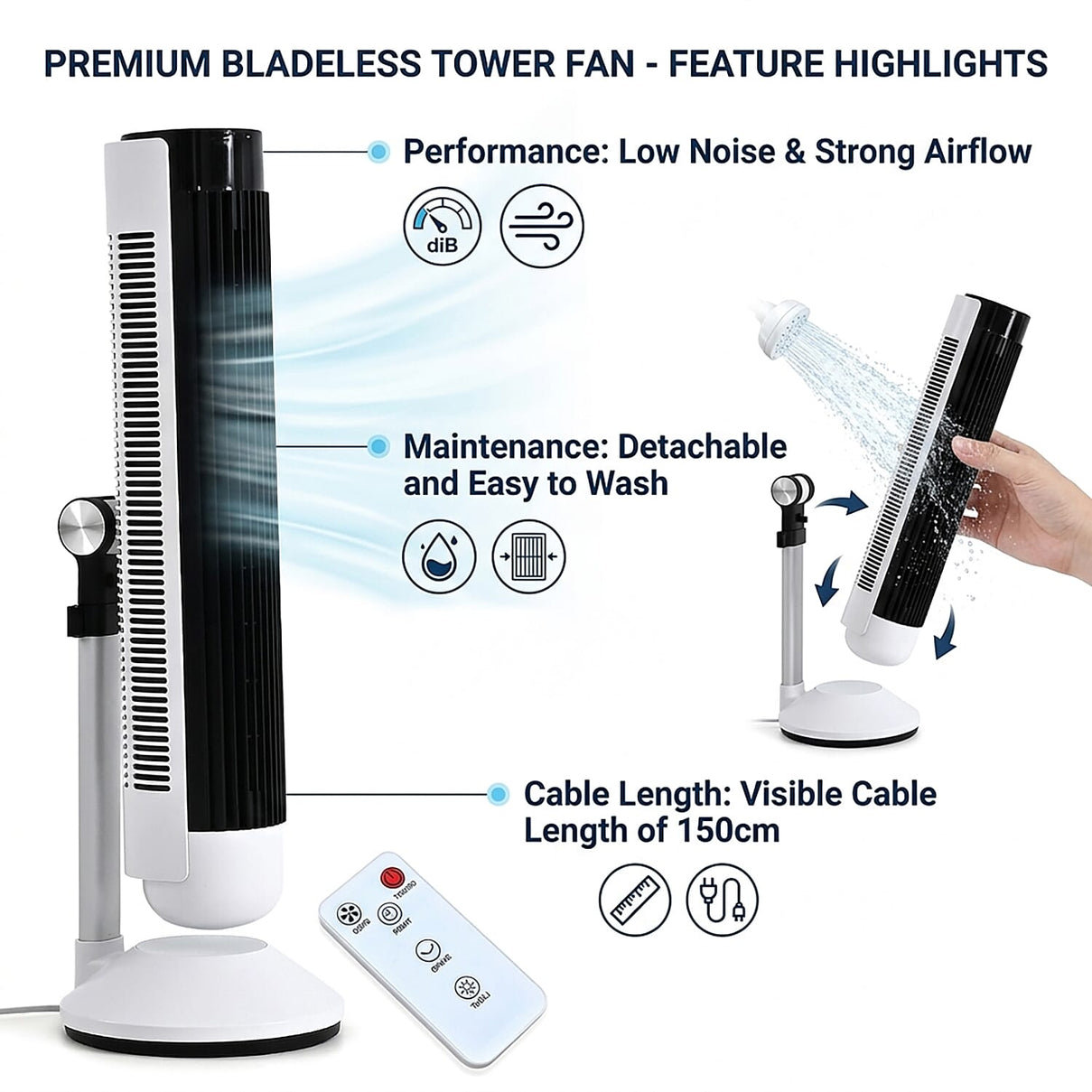 LAST IN STOCK - LIVMORE Bladeless Tower Fan with Turbine Air Duct (50W) 6-Speed Oscillating Fan with 9 Hour Timer &amp; Optional Ambient Lighting With Remote Control 8414619 3
