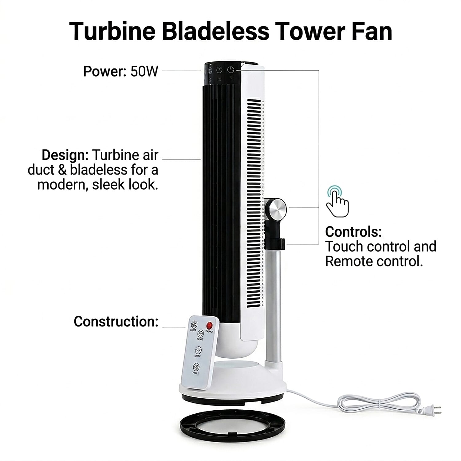 LAST IN STOCK - LIVMORE Bladeless Tower Fan with Turbine Air Duct (50W) 6-Speed Oscillating Fan with 9 Hour Timer &amp; Optional Ambient Lighting With Remote Control 8414619 4