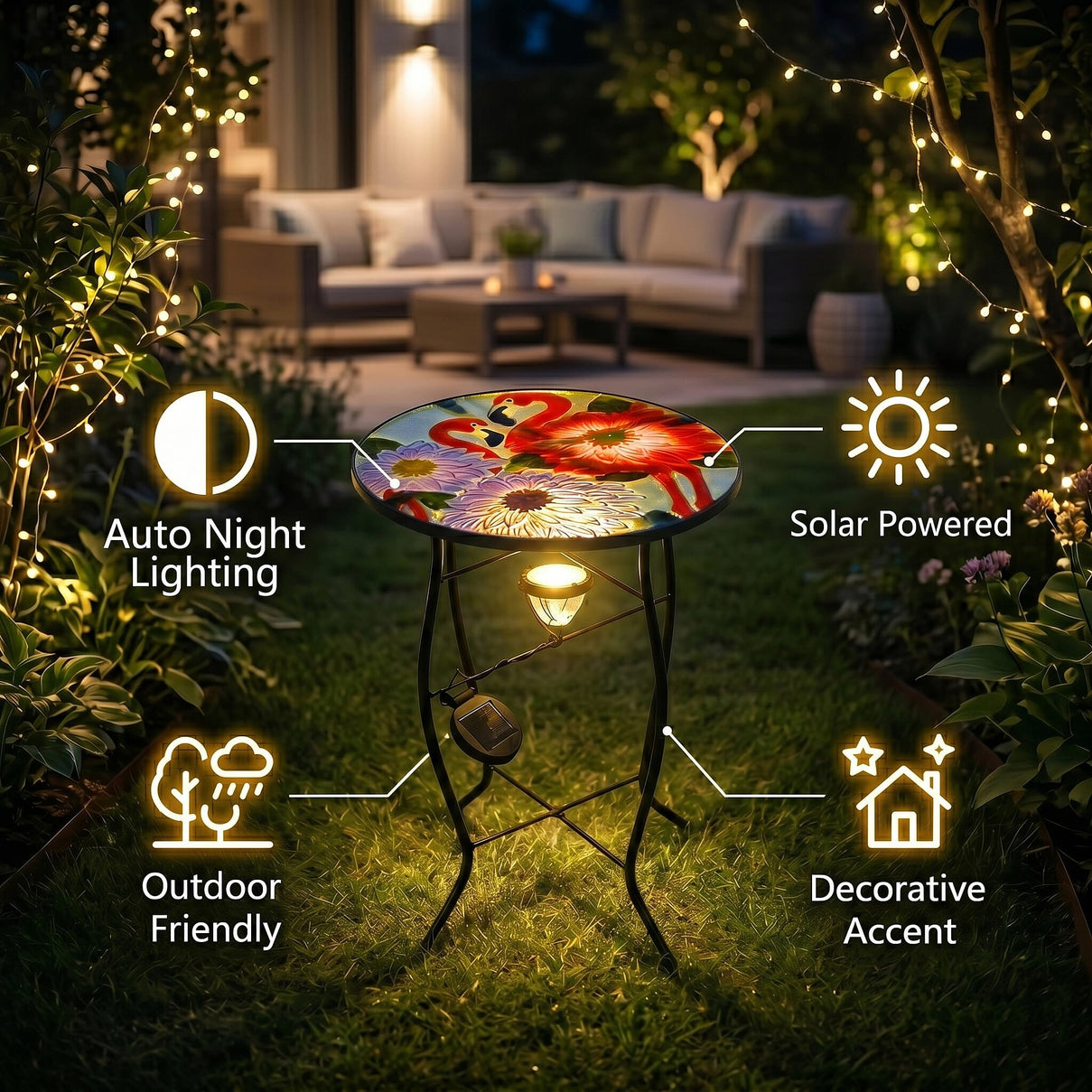 Flower &amp; Flamingo Design Solar-Powered Garden Table (35 x 35 x 52 cm) - Multicolour 8416661 2