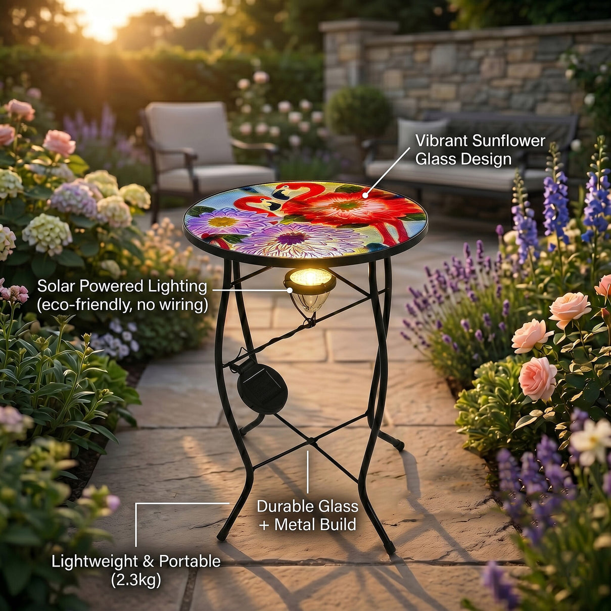 Flower &amp; Flamingo Design Solar-Powered Garden Table (35 x 35 x 52 cm) - Multicolour 8416661 3