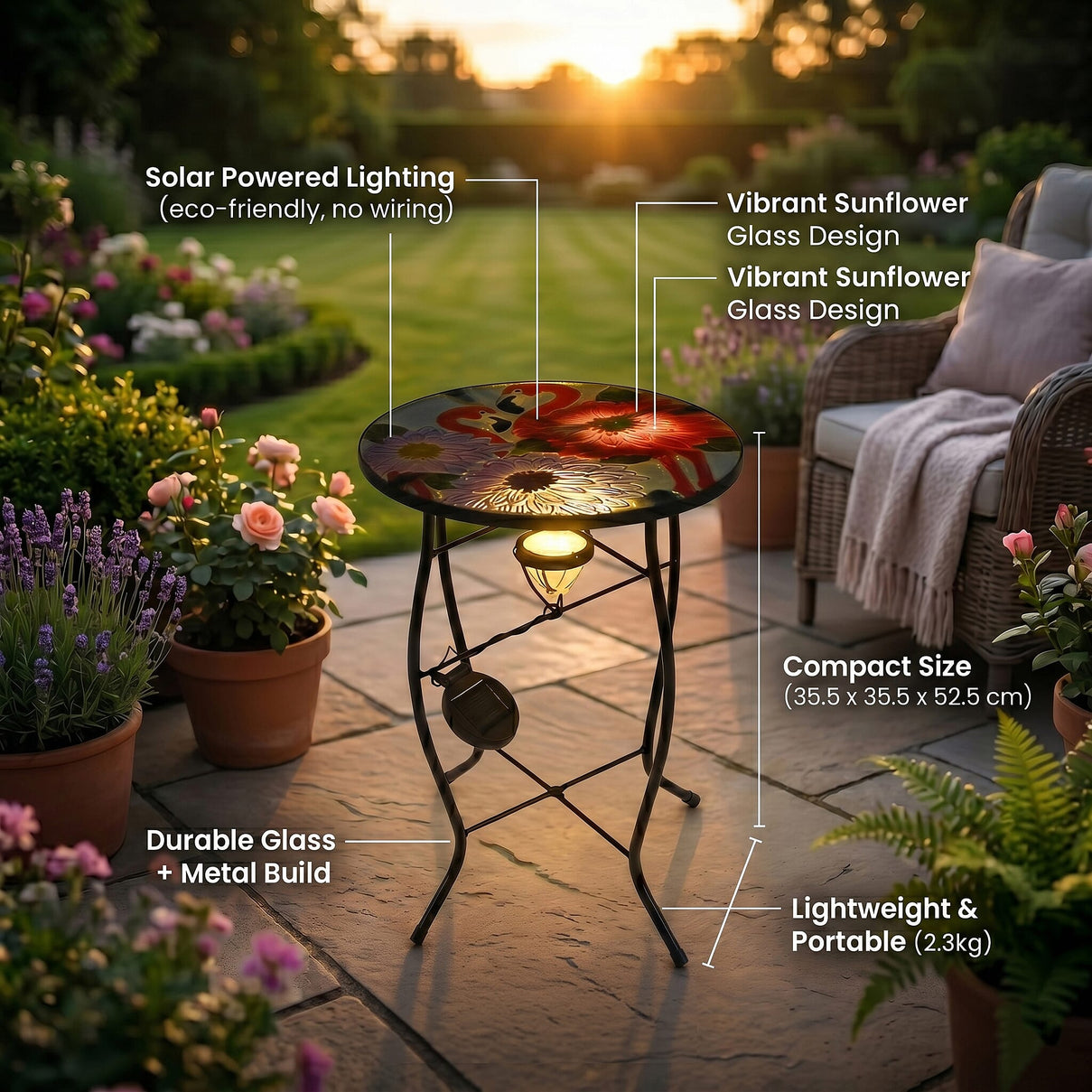 Flower &amp; Flamingo Design Solar-Powered Garden Table (35 x 35 x 52 cm) - Multicolour 8416661 5