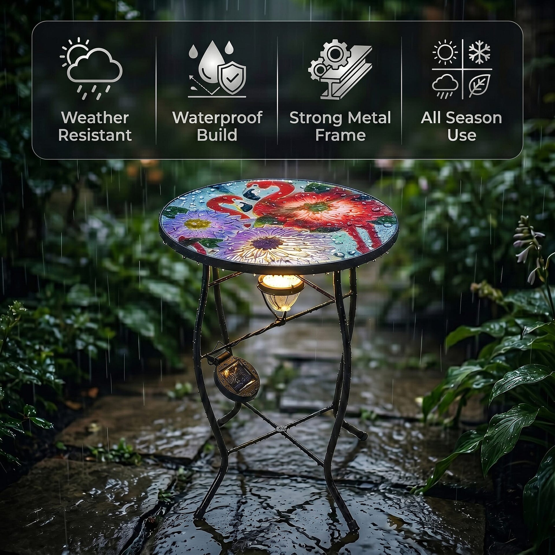 Flower &amp; Flamingo Design Solar-Powered Garden Table (35 x 35 x 52 cm) - Multicolour 8416661 6