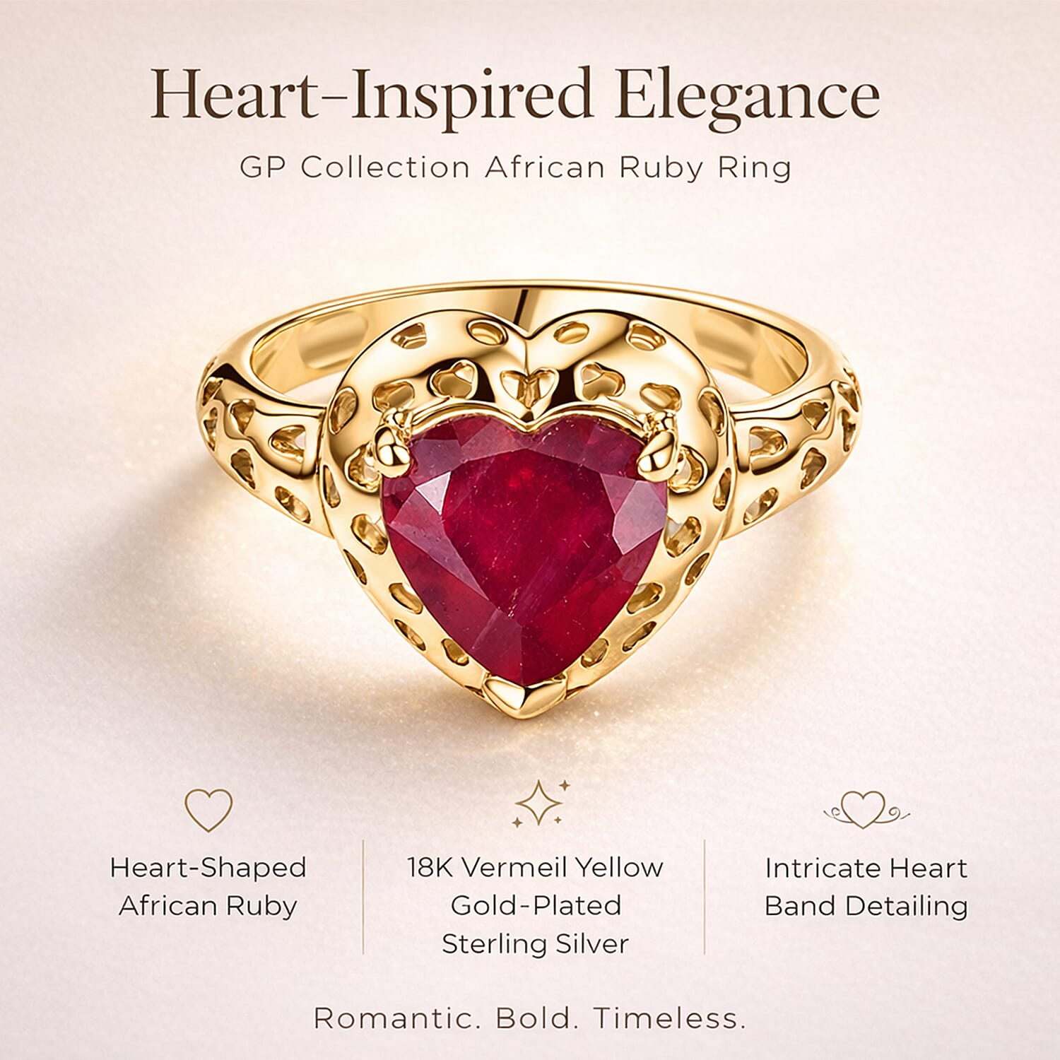 GP Family Legacy Italy - African Ruby &amp; Blue Sapphire Heart Ring in 18K Vermeil Yellow Gold Plated Sterling Silver 2.49 Ct. 8420767 5