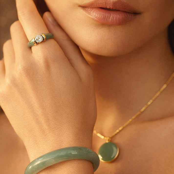 D'Joy Lab Grown Diamond, Natural Jadeite Band Ring in 18K Vermeil Yellow Gold Plated Sterling Silver 10.5 Ct. 8422032 2