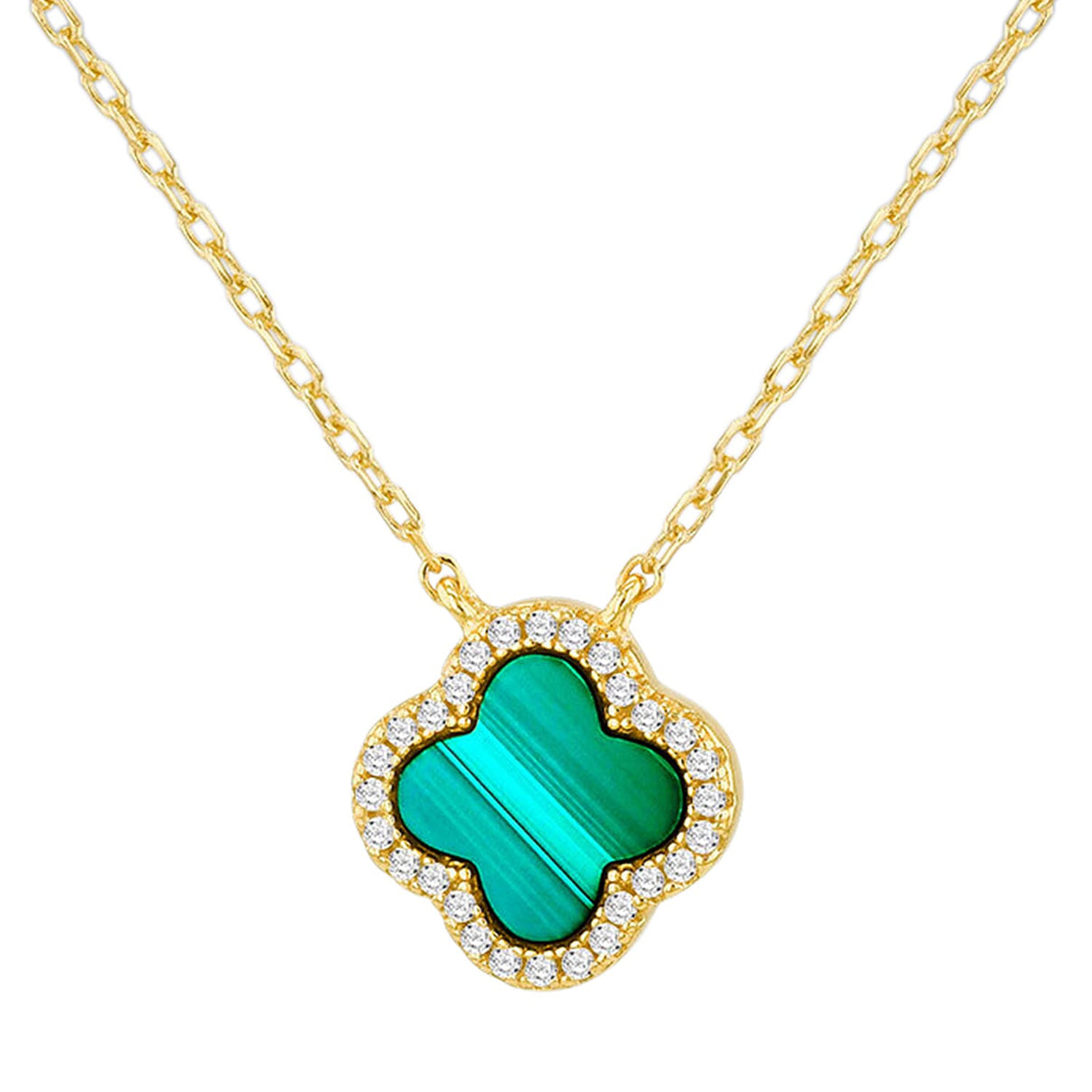 Malachite, Cubic Zirconia Clover Halo Necklace (Size - 17 Inch with Ext) with Lobster Clasp in Gold Plated Sterling Silver V32538974 0