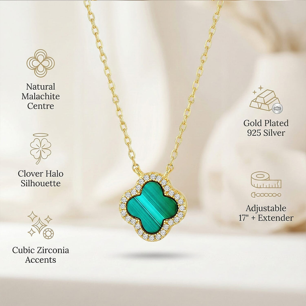 Malachite, Cubic Zirconia Clover Halo Necklace (Size - 17 Inch with Ext) with Lobster Clasp in Gold Plated Sterling Silver V32538974 2