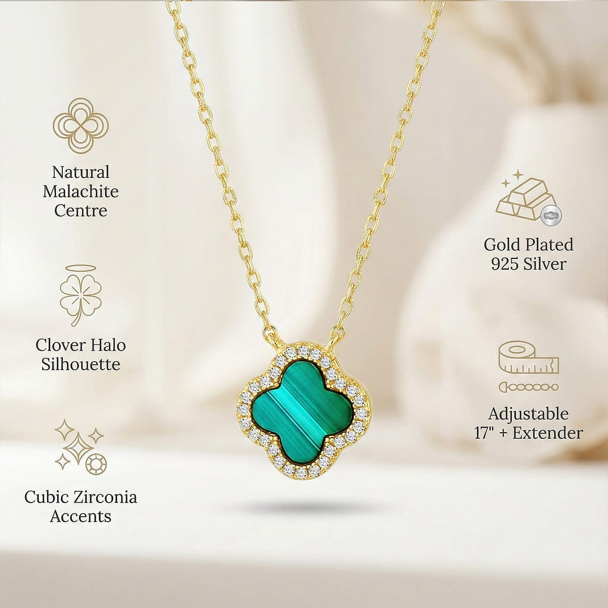 Malachite, Cubic Zirconia Clover Halo Necklace (Size - 17 Inch with Ext) with Lobster Clasp in Gold Plated Sterling Silver V32538974 2