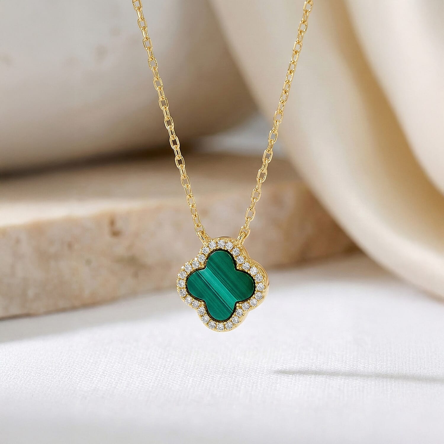 Malachite, Cubic Zirconia Clover Halo Necklace (Size - 17 Inch with Ext) with Lobster Clasp in Gold Plated Sterling Silver V32538974 3