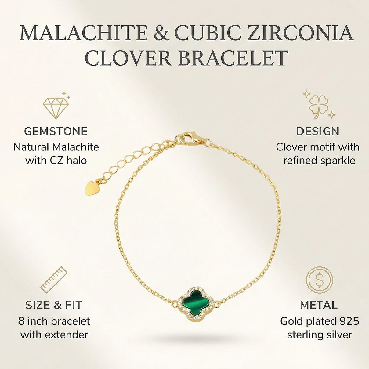 Malachite, Cubic Zirconia Clover Halo Bracelet (Size - 8 Inch with Ext) with Lobster Clasp in Gold Plated Sterling Silver 8422392 4