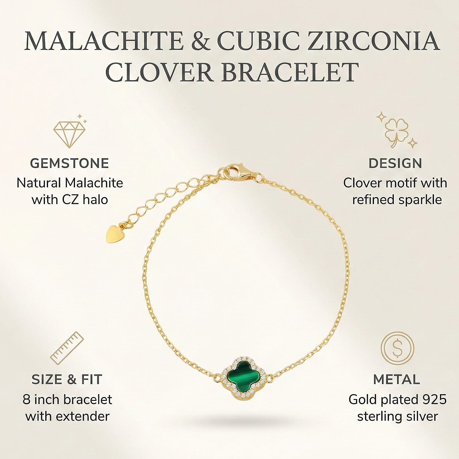 Malachite, Cubic Zirconia Clover Halo Bracelet (Size - 8 Inch with Ext) with Lobster Clasp in Gold Plated Sterling Silver 8422392 4