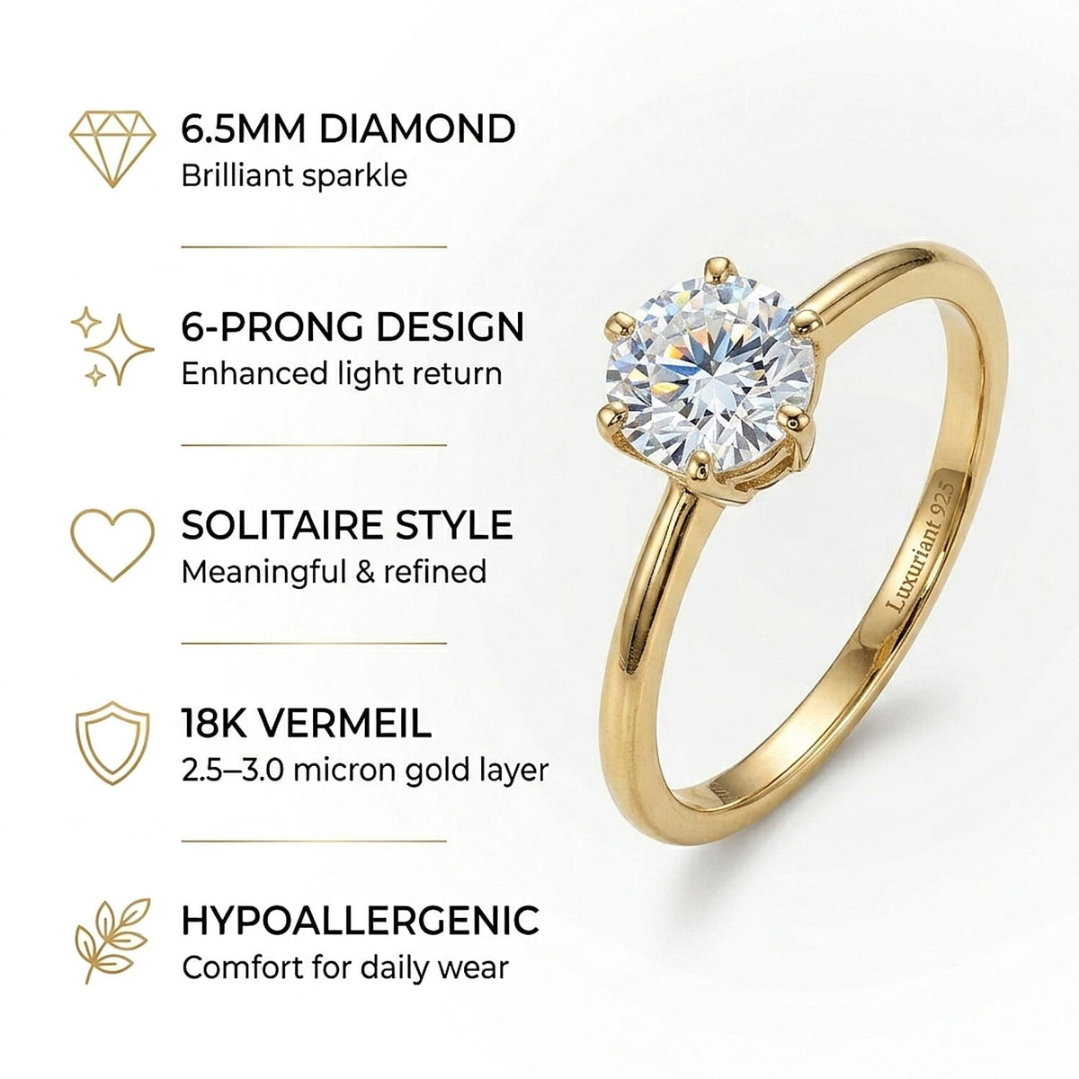 LUXURIANT 1 Ct. Lab Grown Diamond Solitaire Ring in 18K Vermeil Yellow Gold Sterling Silver  (SI/GH) 8433437 5
