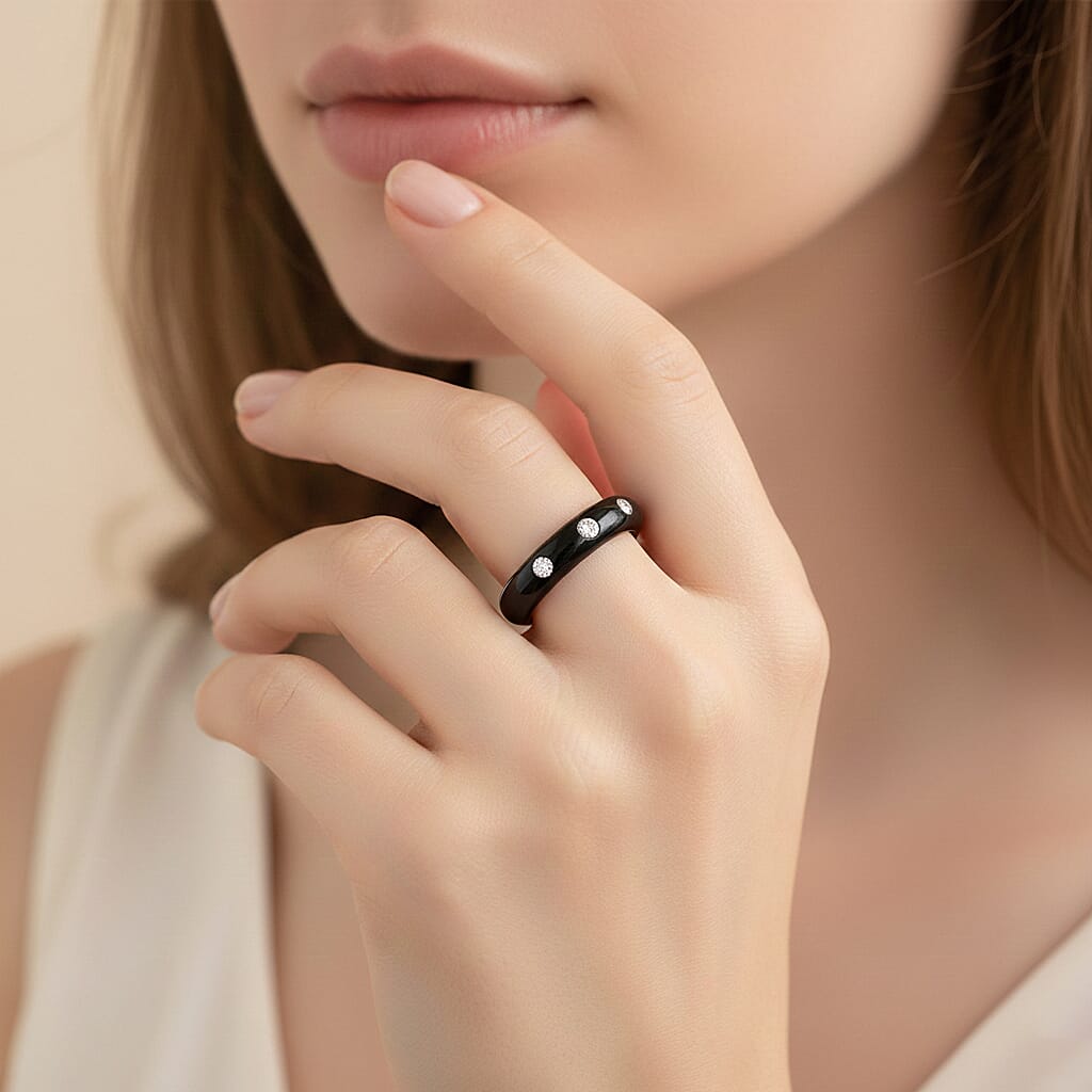 D'Joy Extremely Rare Boots Black Jadeite &amp; Lab Grown Diamond (Si-GH) Band Ring in Rhodium Overlay Sterling Silver 13.60 Ct. 8433501 3