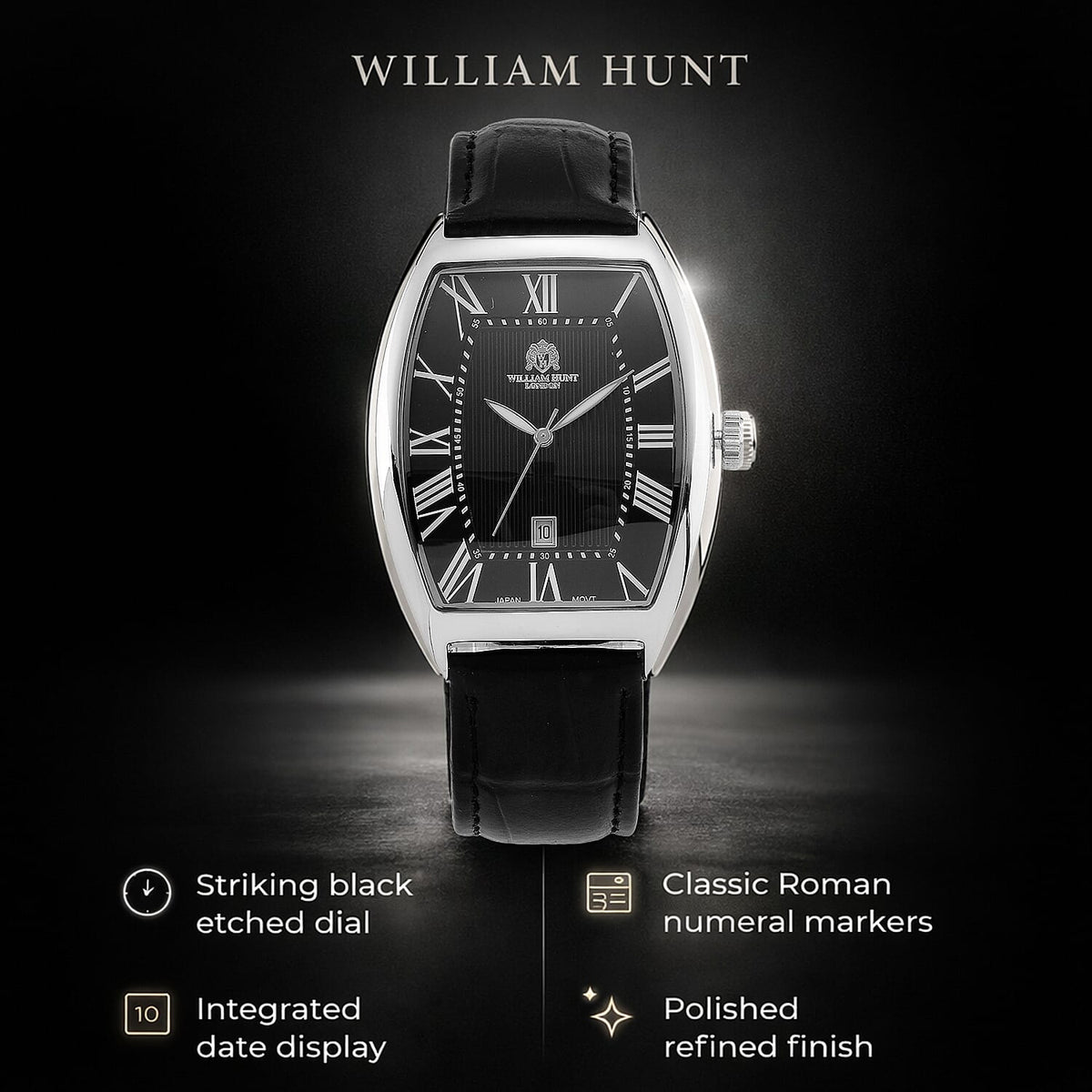 WILLIAM HUNT Limited Edition Japanese Miyota Movement 3ATM Water Resistant Watch With Genuine Leather Strap &amp; Presentation Box - Black 8482788 2