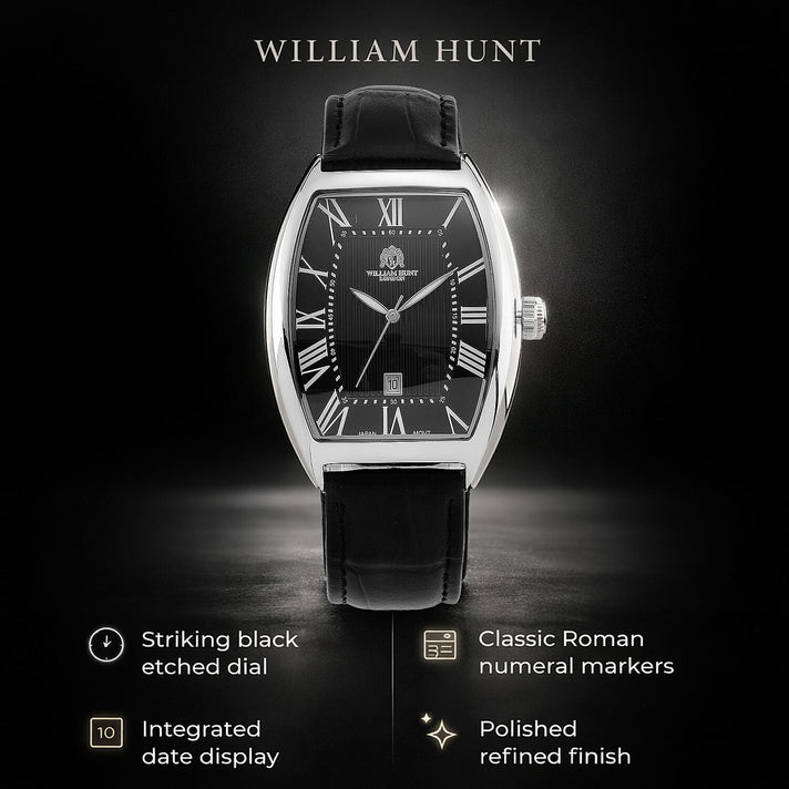 WILLIAM HUNT Limited Edition Japanese Miyota Movement 3ATM Water Resistant Watch With Genuine Leather Strap &amp; Presentation Box - Black 8482788 2