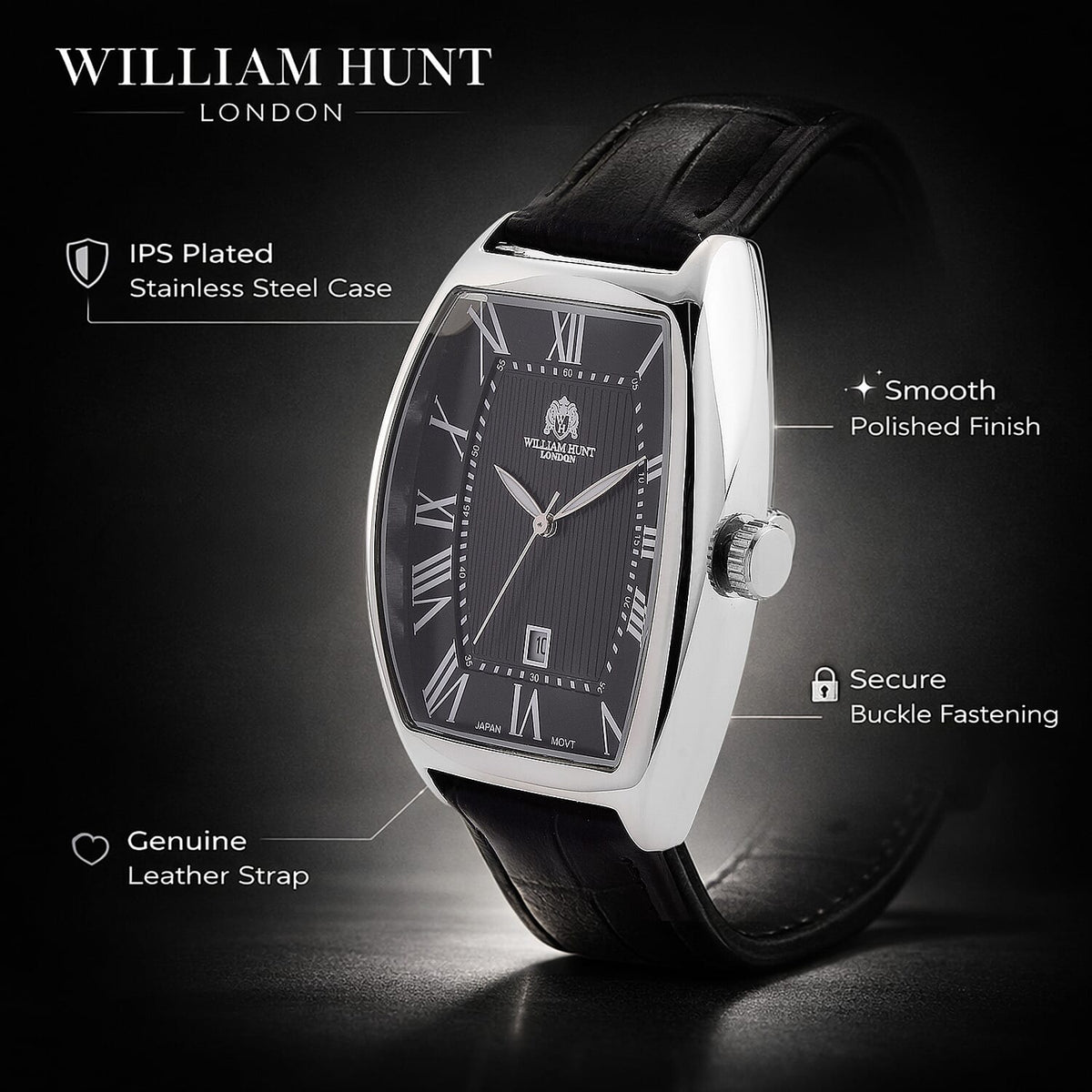 WILLIAM HUNT Limited Edition Japanese Miyota Movement 3ATM Water Resistant Watch With Genuine Leather Strap &amp; Presentation Box - Black 8482788 3