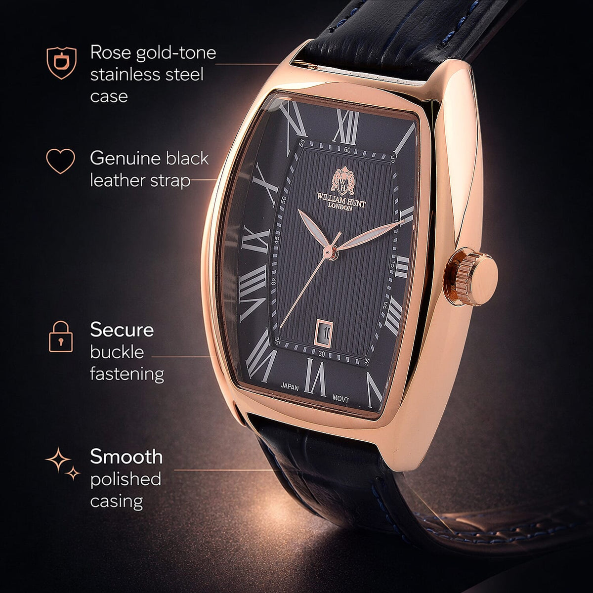 WILLIAM HUNT Limited Edition Japanese Miyota Movement 3ATM Water Resistant Watch With Genuine Leather Strap &amp; Presentation Box - Rose V32673634 3