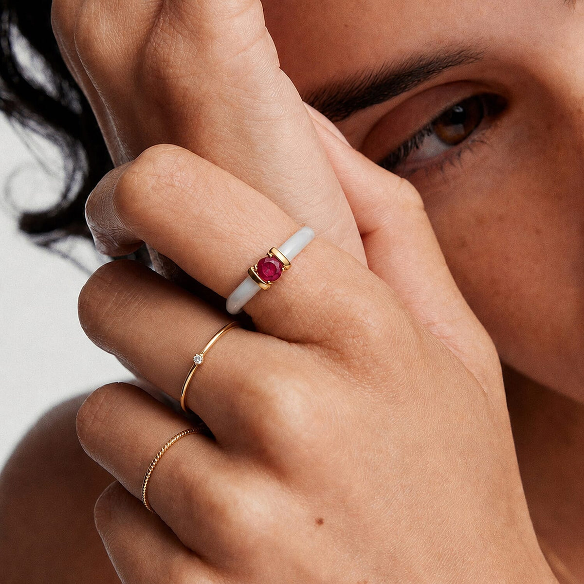 D'Joy - African Ruby &amp; Dyed White Jade Band Ring in Yellow Gold Plated Sterling Silver 7.90 Ct. V32576212 7