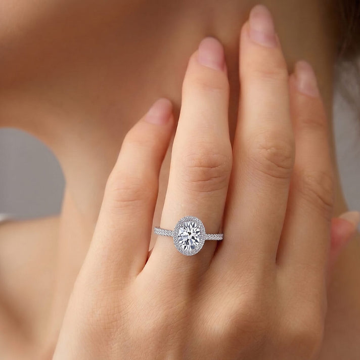 LUXURIANT 1.25 Ct. Lab Grown Diamond Oval Cut Halo Ring in Rhodium Overlay Sterling Silver SGL Certified (SI-G-H) 8493374 2