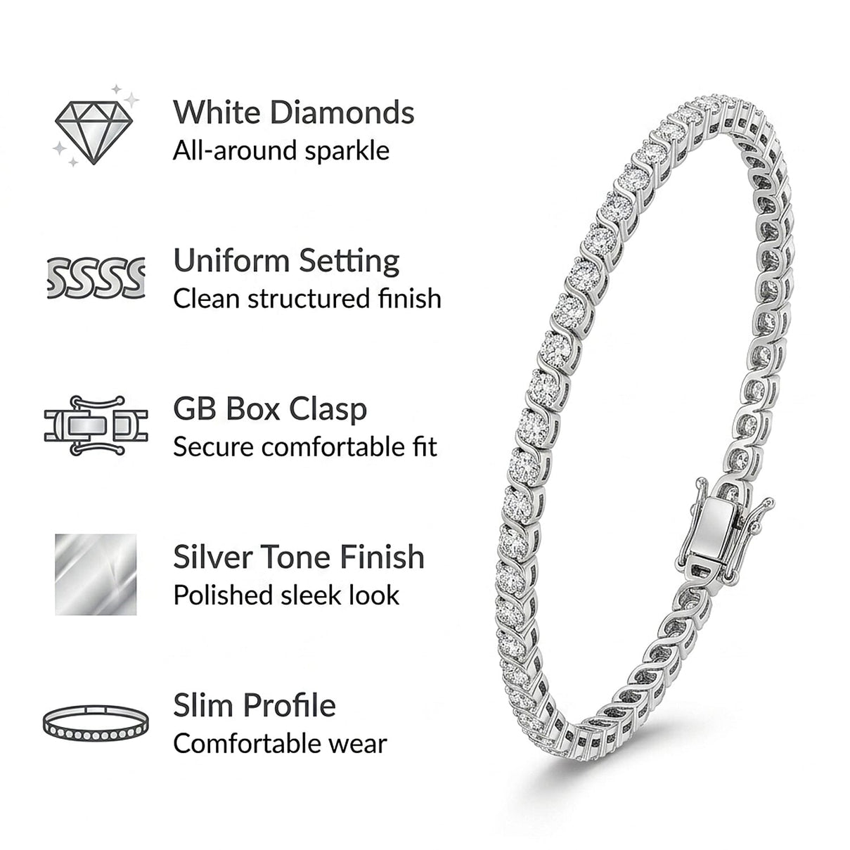 EverTrue Natural White Diamond Tennis Bracelet with GB Lock Box in Platinum Plating 7.5 Inch 8500300 6