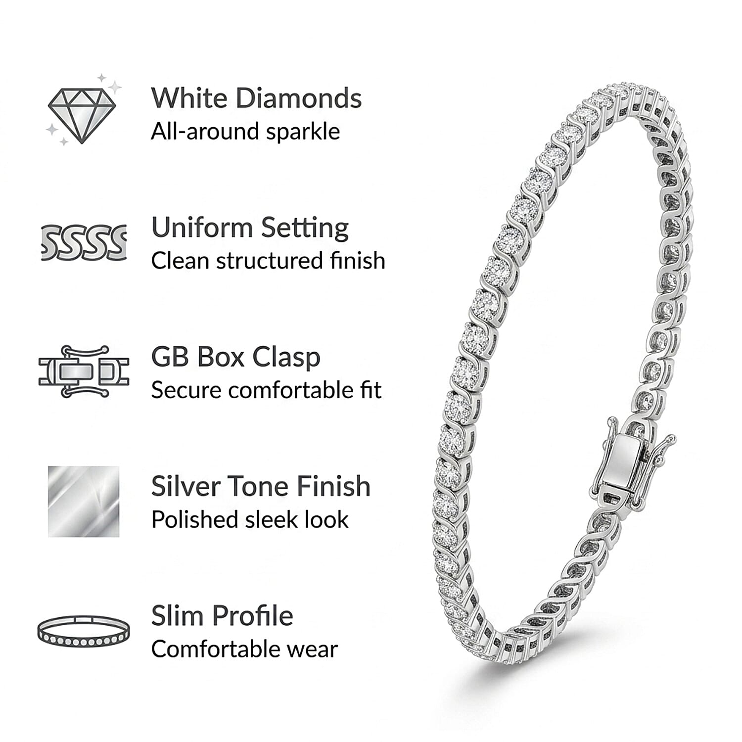 EverTrue Natural White Diamond Tennis Bracelet with GB Lock Box in Platinum Plating 7.5 Inch 8500300 6