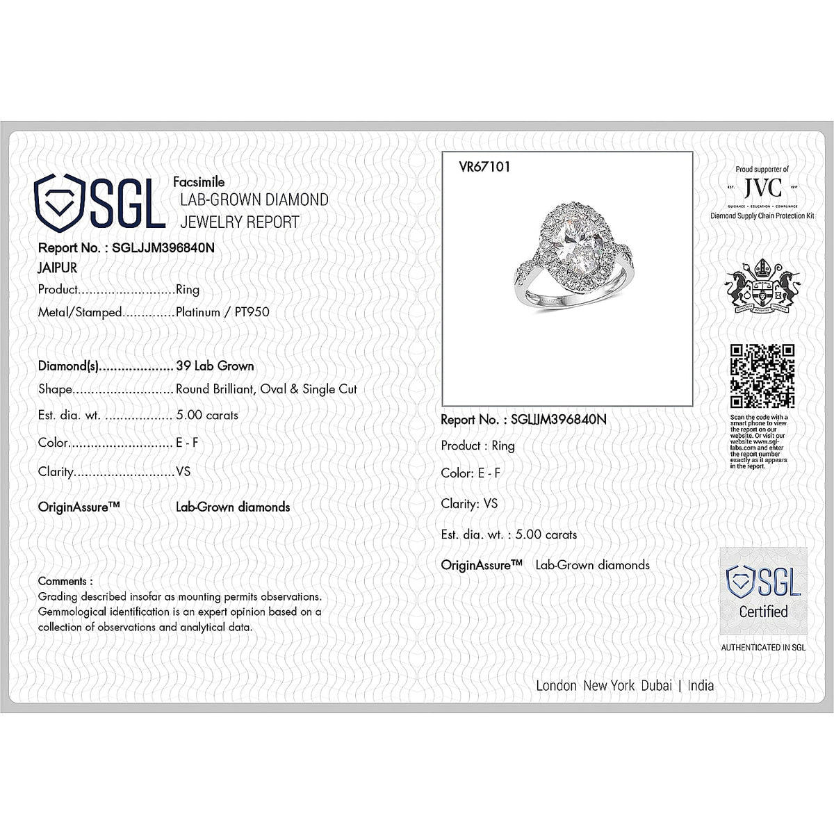LUXURIANT 5 Ct. Lab Grown Diamond Halo Ring in 950 Platinum SGL Certified (VS-E-F) 8501048 9