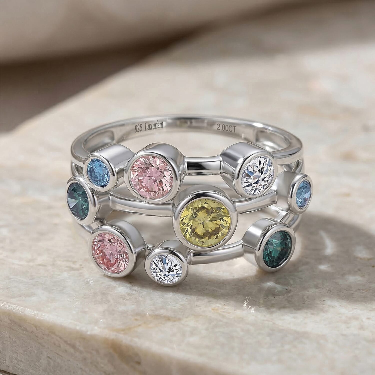 LUXURIANT 2 Ct. Multi Colour Lab Grown Diamond Bubble Ring in Rhodium Overlay Sterling Silver (SI-G-H) 8501281 3