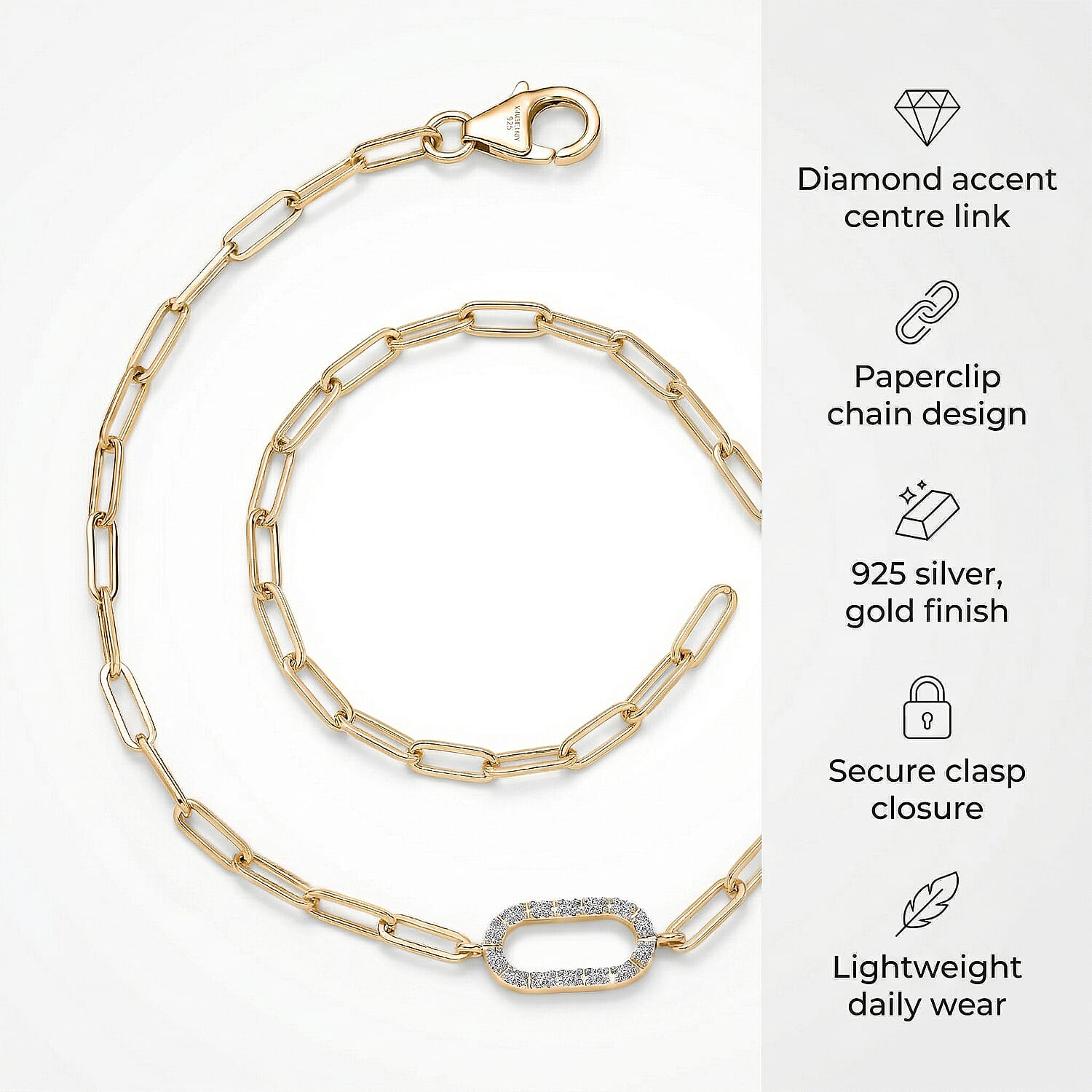LUXURIANT Lab Grown Diamond Paper Clip Bracelet (Size - 7.5) in Yellow Gold Plated Sterling Silver (SI-G-H) 8501890 6