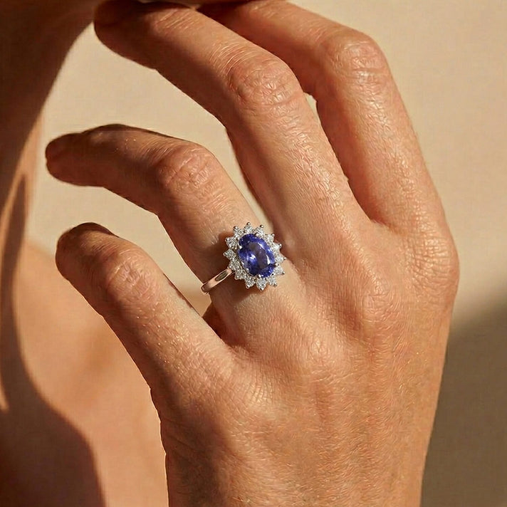 AAA Tanzanite, Lab Grown Diamond Halo Ring in Rhodium Overlay Sterling Silver 1.30 Ct. (SI-GH) 8504912 2
