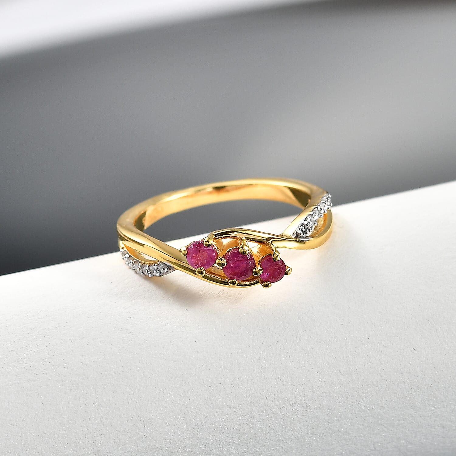 Royal Bali Collection - D'Joy African Ruby &amp; Moissanite Trilogy Ring in 18K Vermeil Yellow Gold Plated Sterling Silver 8518882 3