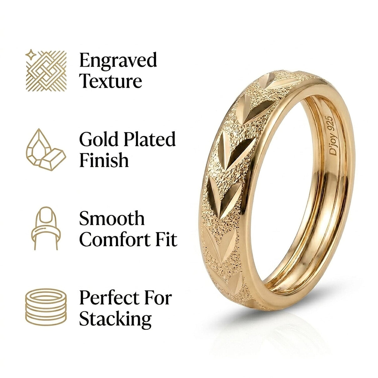 Leaf Texture Diamond Cut Band Ring in Yellow Gold Plated Sterling Silver 8519058 5