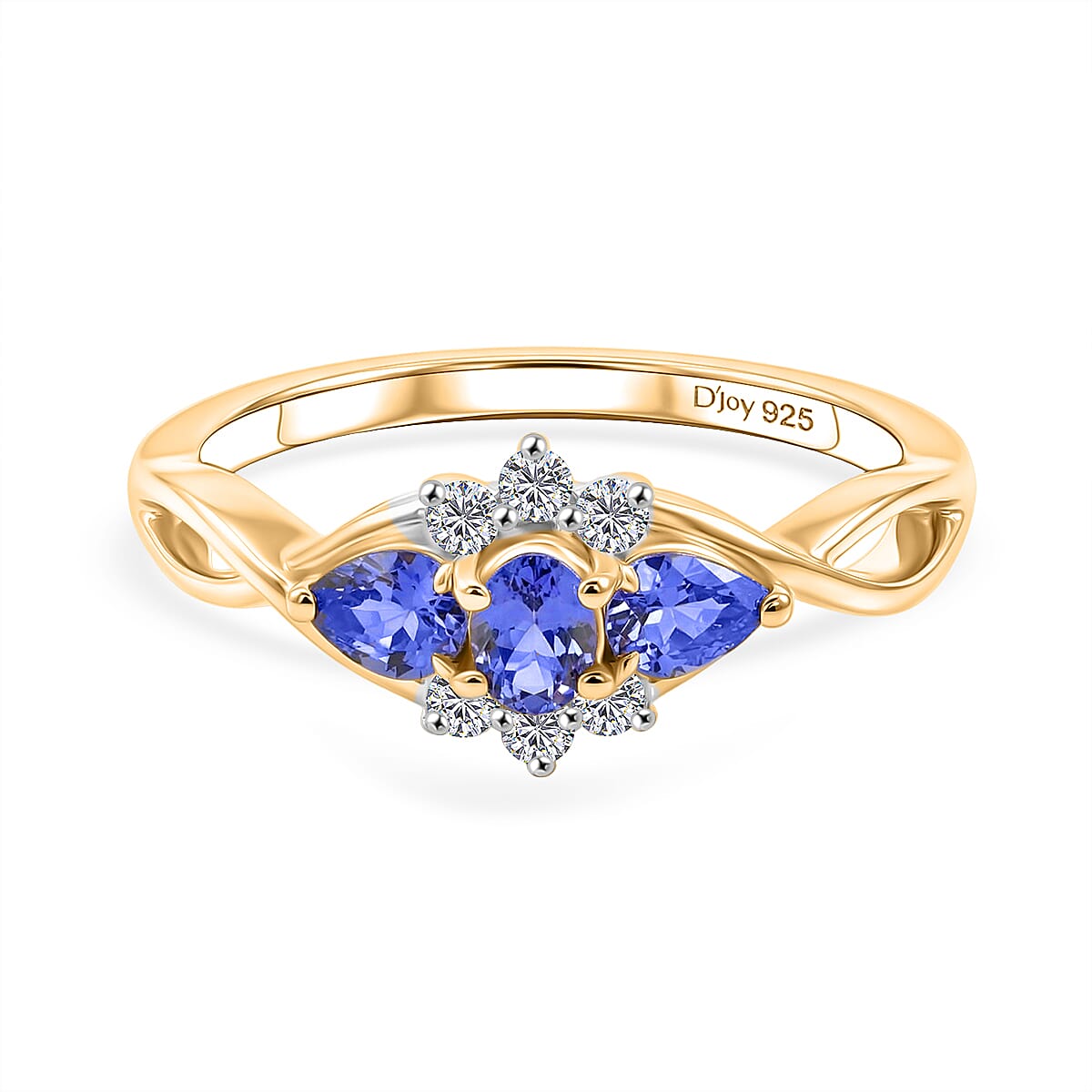 Royal Bali Collection - D'Joy Tanzanite &amp; White Zircon Trilogy Ring in 18K Vermeil Yellow Gold Plated Sterling Silver 8541556 0