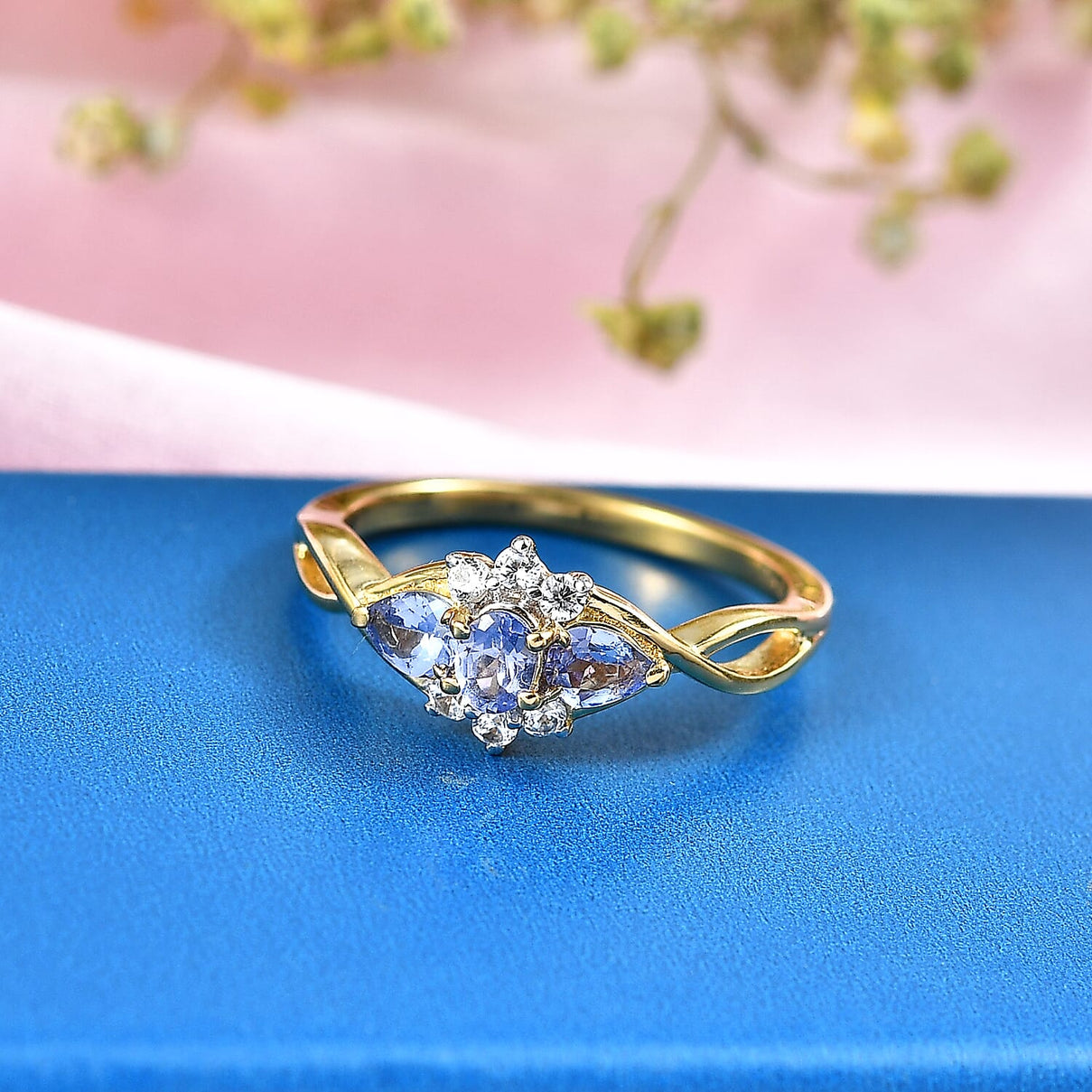 Royal Bali Collection - D'Joy Tanzanite &amp; White Zircon Trilogy Ring in 18K Vermeil Yellow Gold Plated Sterling Silver 8541556 3