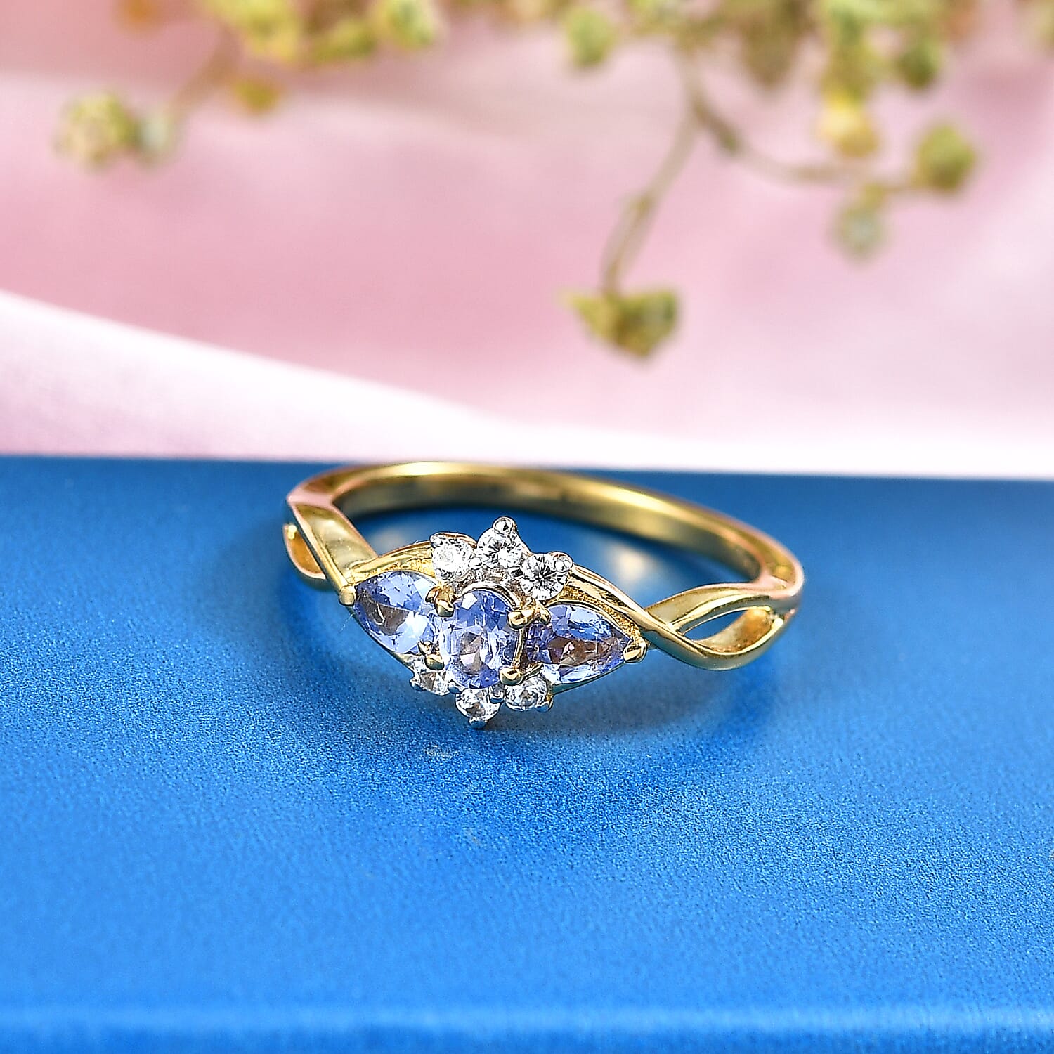 Royal Bali Collection - D'Joy Tanzanite &amp; White Zircon Trilogy Ring in 18K Vermeil Yellow Gold Plated Sterling Silver 8541556 3